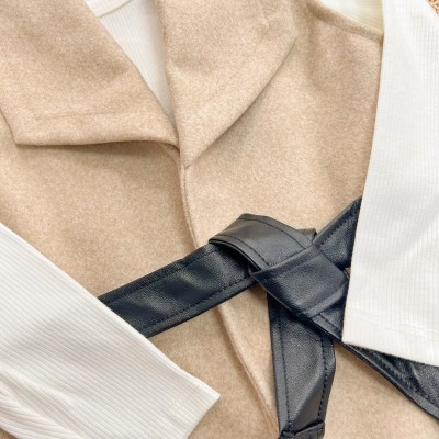 Conj. Colete em Fleece, Blusa Manga Longa Canelada e Legging em Couro Ecológico - Areia e Preto